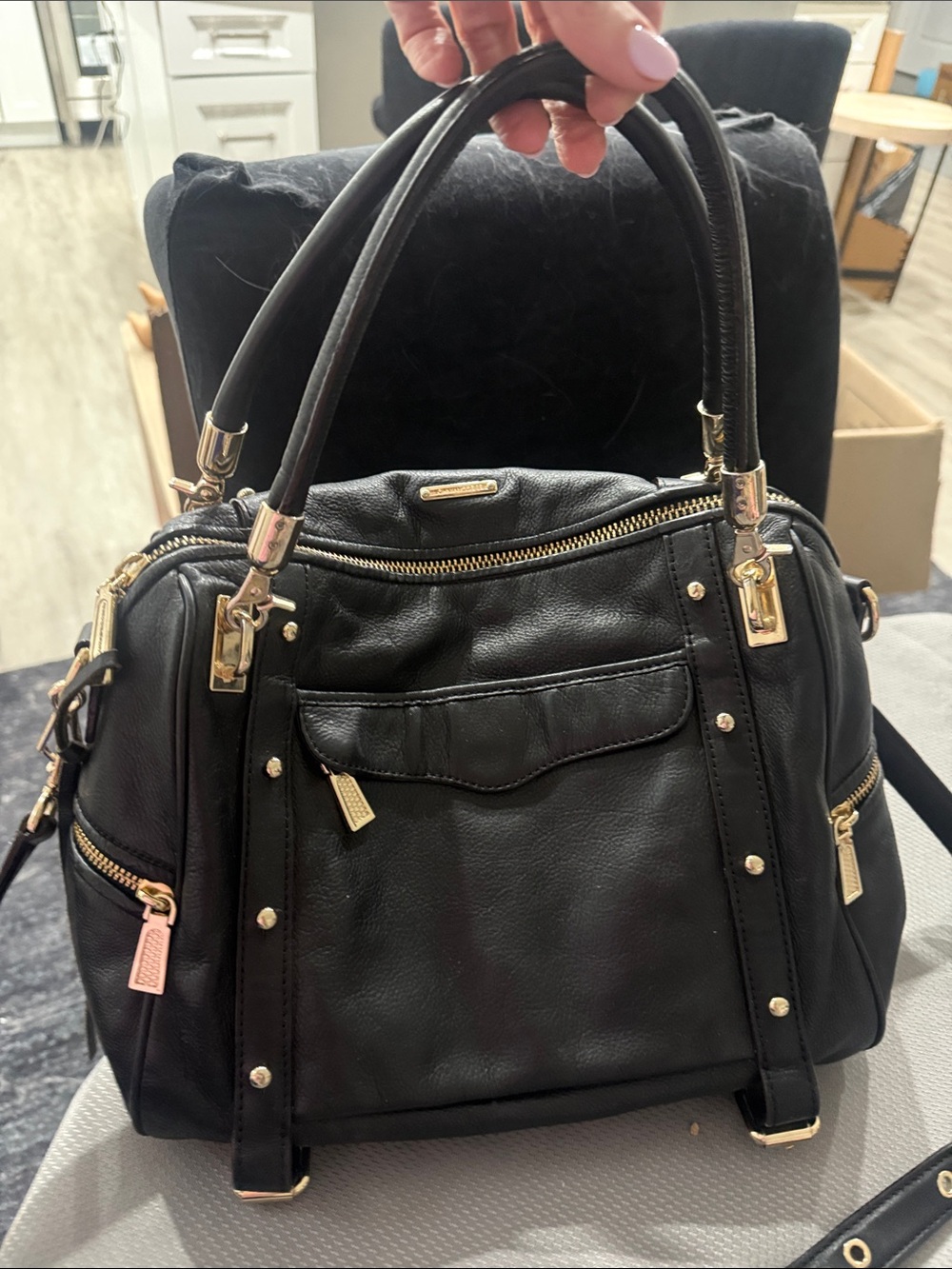 Rebecca Minkoff Black Leather Satchel with Gold Hardware and Studs